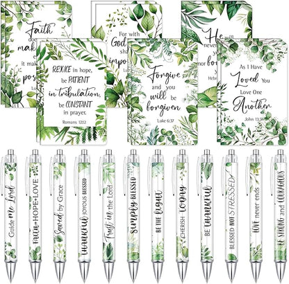 Colarr 24 Pcs Christian Bulk Gifts for Women Men Bible Verse Pens and Notebooks Religious Easter Gifts Scripture Ballpoint Pens Journals Sunday School Church Inspirational Study Supplies(Greenery)