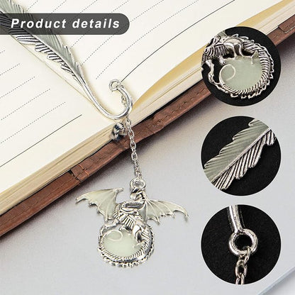 Vintage Feather Dragon Metal Bookmark, Unique Glow in The Dark Bookmark Dragon Gift Fantasy Bookmark Gifts Cool Bookmarks for Women Men, Book Reading Lovers (Antique Silver Dragon)
