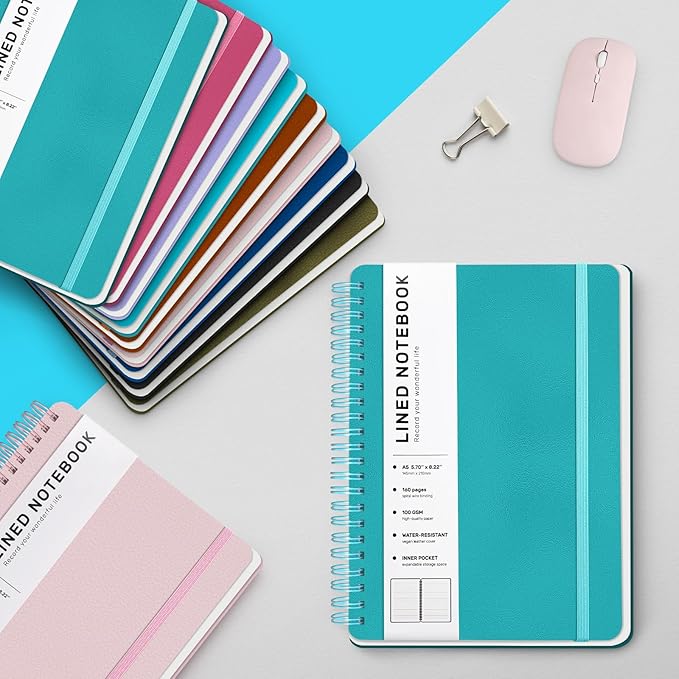 Turquoise Lined Spiral Journal Notebook with 160 Pages, 8×5.7in, A5 Spiral Notebook, Journaling Notebooks for Work, School, Women, Men, College Ruled Spiral Notebook, Hardcover Leather Journals