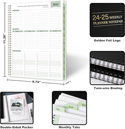 2024-2025 Planner - Weekly & Monthly Planner Notepad, 11.38'' x 8.74'', JUL 2024 - JUN 2025, Appointment Book, 60 Minutes Intervals, Monthly Tabs, Sturdy Cover, Spiral Bound, Back Pockets - Black