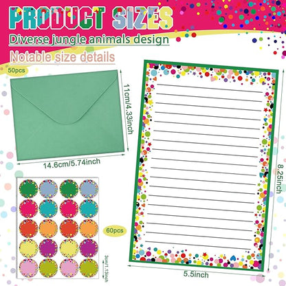 TaoBary 160 Packs Stationery Paper Set (50 Double Sided Stationery Writing Papers 50 Matching Envelopes) 60 Round Dot Sticker, 10 Design(Dot,5.5 x 8.25 Inch)