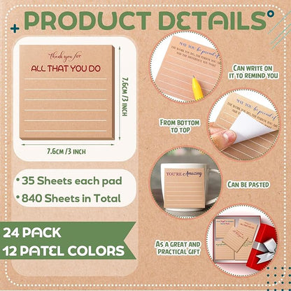 Yinder 24 Pcs Employee Appreciation Sticky Notes Thank You Gifts Bulk Note Pads with Sayings Teacher Gift Mini Pocket Inspirational Notepads for Coworker Office Supply 3 x 3''(Kraft Color,Thanks)