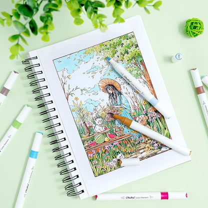 Ohuhu Markers for Adult Coloring Books No bleeding 64 Colors Water-based Coloring Markers Dual Tips Chisel & Brush Drawing Pens Art Markers for Kids Adults Beginners Lettering Journaling