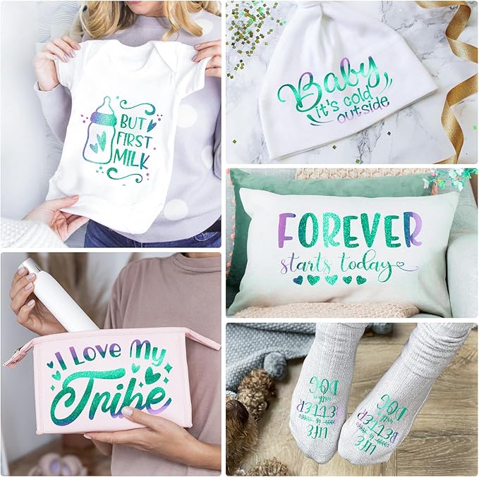 VINYL FROG Chameleon Heat Transfer Vinyl Purple to Green Gradual Transfer Vinyl Roll 12"x5ft with Iron and Heat Press Gradient Change Color HTV for T-Shirt