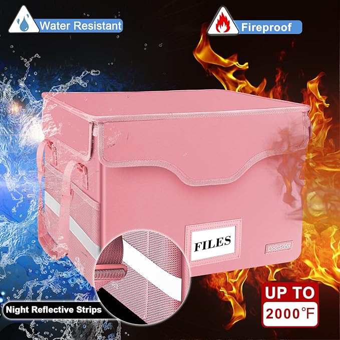 DocSafe File Box Fireproof Document Box with Lock,File Storage Organizer Box with Insert Pockets,Collapsible Portable File Box Home Office File Cabinet Safe for Hanging Letter/Legal Folder,Pink,2 Pack