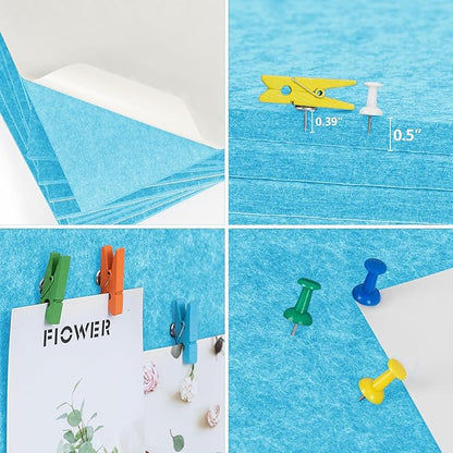 AKTOP Cork Bulletin Board 12x12, 1/2" Thick Felt Cork Board Tiles 6 Pack, Small Square Pin Board for Wall, Self Adhesive Corkboards with 60 Push Pin Wood Clips for School, Home & Office, Baby Blue