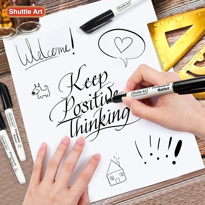 Shuttle Art Permanent Markers, 24 Pack Black Permanent Marker set,Fine Point, Works on Plastic,Wood,Stone,Metal and Glass for Doodling, Marking