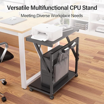 Computer Tower Cart - Height Adjustable PC Stand, 2-Tier ATX-Case CPU Holder Home Office Gaming Desk Accessories with Rolling Lockable Wheels, Laptop Table Standing Computer Desk, Rustic Black