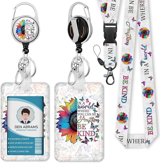 Lanyards for Id Badges, Positive Inspiration Be Kind Sunflower Badge Holder with Retractable Reel Clip, Work Name Tag Keychain Lanyard Vertical ID Card Protector for Women Nurse Doctor Teacher