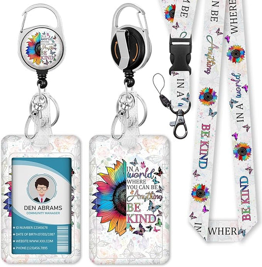 Lanyards for Id Badges, Positive Inspiration Be Kind Sunflower Badge Holder with Retractable Reel Clip, Work Name Tag Keychain Lanyard Vertical ID Card Protector for Women Nurse Doctor Teacher