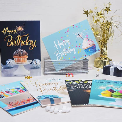 100 Happy Birthday Cards Bulk, Folded with Envelopes, Stickers, Large 5x7 Inch, and Generic Greetings Inside for Office, Business, Employees and Personal