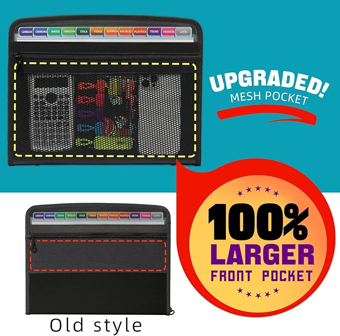 H4D Zippered Accordion File Organizer with Front Mesh Pouch, 13 Pocket Expanding File Folder, Fit for Documents Letter Size A4 Papers, Black