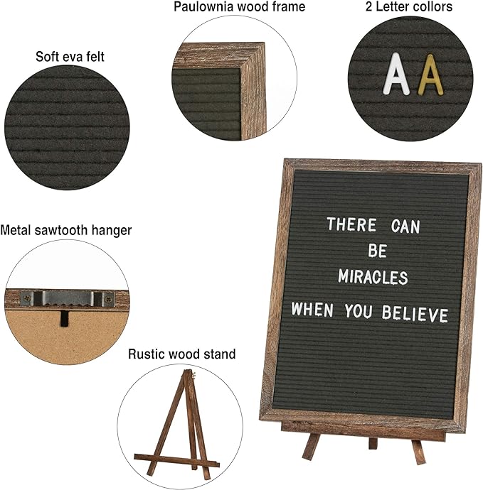 Felt Letter Board with Rustic Vintage Frame and Stand 12x16 inch, Dark Grey Changeable Letter and Message Board Includes 792 Letters, Numbers and Symbols, Hook to Hang, 2 Canvas Bags