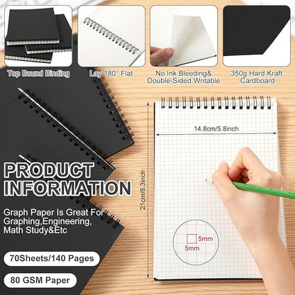 Graph Paper Spiral Notepad A5 Top Wirebound Notepad Grid Notebook Steno Pads Memo Notebook Grid Paper 140 Pages for Writing Sketching Drawing Office Supplies(Black,2 Pack)