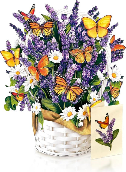 Freshcut Paper Pop Up Cards, Lavender & Butterflies, 12 Inch Life Sized Forever Flower Bouquet 3D Popup Greeting Card, Birthday & Thank You Card, Blank Notecard & Envelope
