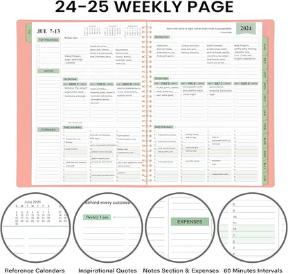 2024-2025 Planner -11.38'' x 8.74'', Weekly & Monthly Planner Notepad, From JUL.2024 - JUN.2025, Appointment Book, 60 Minutes Interval, Monthly Tabs, Faux Soft Leather, Spiral Bound - Rose Golden
