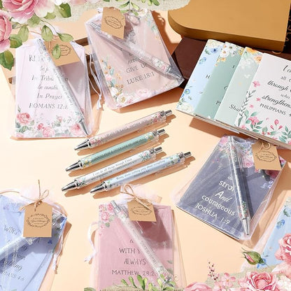 200 Pcs Bible Verse Sets Church Christian Gift Include 50 Scripture Notebooks 50 Bible Bamboo Pens 50 Thanks Tags 50 Organza Bags for Women Man Christian Party Gifts(Cute Color,Flower)