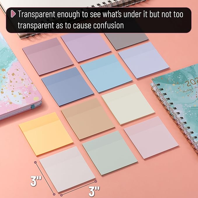 Mr. Pen- Transparent Sticky Notes, 3”x3”, Dreamy Pastel, 12 Pads, 600 Sheets, See Through Sticky Notes, Bulk Sticky Notes Transparent, Translucent Sticky Notes, Clear Transparent Sticky Notes Clear