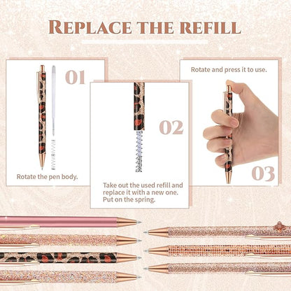 Sherr 7 Pcs Fancy Pens for Women Cute Sparkly Glitter Pens with 10 Pcs Black Ink Refills Pretty Gifts for Girls Office School Christmas Graduation(Rose Gold,Elegant)