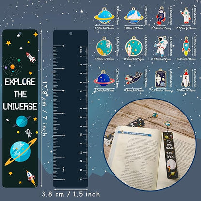 Christmas Space Theme Bookmarks with Metal Charms Planet Rocket Space Ship Theme Bookmarks Inspirational Quotes Bookmarks for Space Christmas Party Favors Gifts Kids Boys Girls Encourage(144 Pieces)