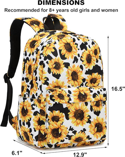 Sunflower Cow Print School Backpack for Teens Girls, Womens College Bookbags Kids School Bags Laptop Backpacks