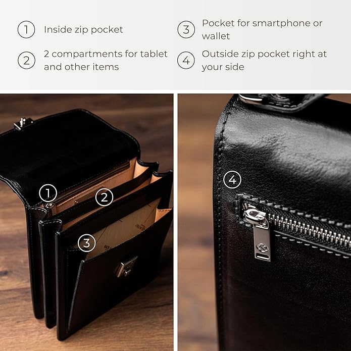 Time Resistance Small Leather Briefcase for Men - Crossbody Bag - Italian Leather Messenger Bag - Gift Box Included