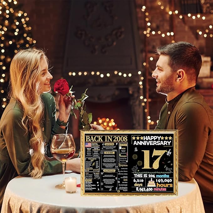 Joycard 17th Anniversary Card for Women Men, Gold Wedding Card for Wife Husband, Sweet Marriage Decorations Gifts for Couple, Perfect for Her Him on Anniversary Day, Back in 2008