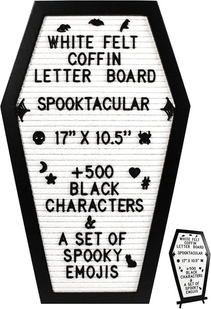 Coffin Letter Board White With Spooky Emojis +500 Characters, and Wooden Stand - 17x10.5 Inches - Gothic Halloween Decor Spooky Gifts Decorations