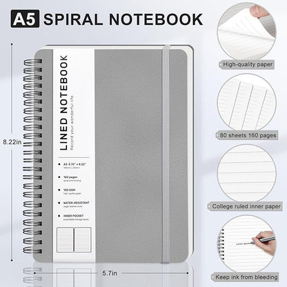 Lined Spiral Journal Notebook, A5 Hardcover Leather Notebook for Work, 5.7''×8.2'', 100GSM Thick Paper Spiral Bound Journaling Notebook for Women Men Office School Note Taking Business, Morandi black