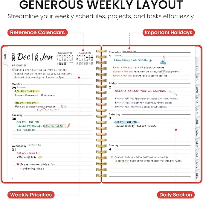 2026 Planner, Weekly and Monthly Calender Planner, Jan 2026 to Dec 2026, Hardcover 2026 Calendar Planner Book with Tabs & Inner Pocket, Office Home School Supplies for Women & Men - A4 (8.5" x 11"), Tomato Red