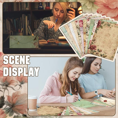 TaoBary 160 Packs Stationery Paper Set (50 Double Sided Stationery Writing Papers 50 Matching Envelopes) 60 Round Dot Sticker, 10 Design(Vintage Floral,8.5 x 11 Inch)
