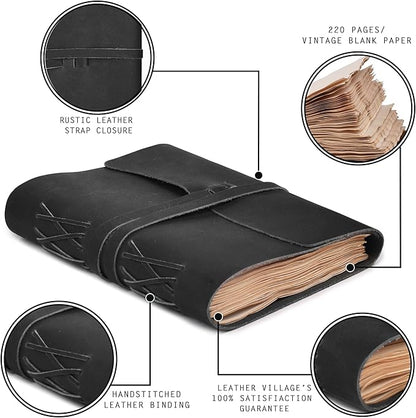LEATHER VILLAGE Leather Bound Journal - Black, 8"X6", 220 Pages - Vintage Blank Paper Diary for Writing, Drawing, Sketchbook, and Travel Notebook - Ideal for Women and Men