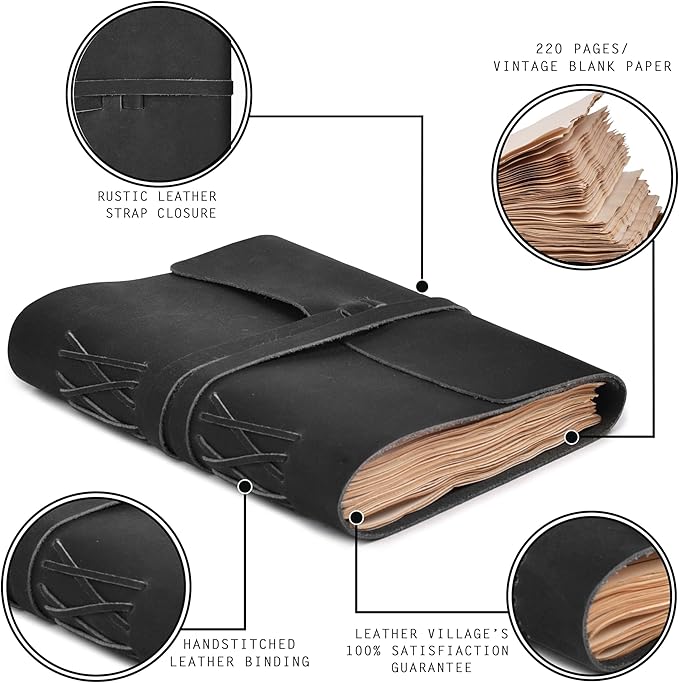 LEATHER VILLAGE Leather Bound Journal - Black, 13"X8", 220 Pages - Vintage Blank Paper Diary for Writing, Drawing, Sketchbook, and Travel Notebook - Ideal for Women and Men