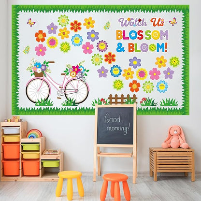 Kosiz Spring Bicycle Bulletin Board Decorations Set Flower Butterfly Bike Paper Cutouts Watch Us Blossom Bloom Classroom Decorations with Green Borders for School Chalkboard Wall Door Home