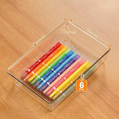 Criusia 6 Pack Large Size Clear Plastic Versatile Acrylic Stackable Drawer Organizer Trays, Storage Bins for Makeup, Bathroom, Kitchen and Office