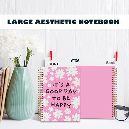 BearCake It's A Good Day To Be Happy Inspirational Notebooks, Cute Notebooks, Pink Aesthetic Notebook, Floral Notebook, Pink Office Supplies, Hardcover Spiral Notebook 5.5x8.3