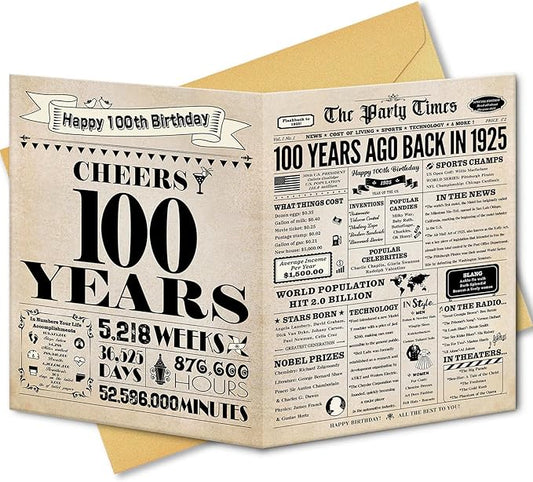 100th Birthday Card, 100th Birthday Decorations for Men Women, 100th Birthday Gifts for Grandma Grandpa, Back in 1925 Birthday Card