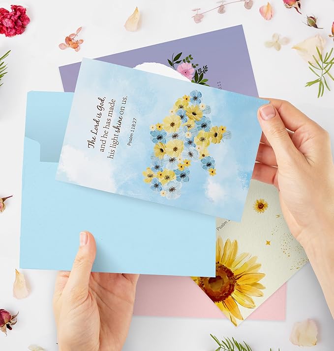 24 Pack Floral Christian Thinking of You Cards with Self-adhesive Envelopes, 4"x6" Boxed Blessing Religious Note Cards with Sentiments Inside, 24 Bible Verses, 24 Desiqns