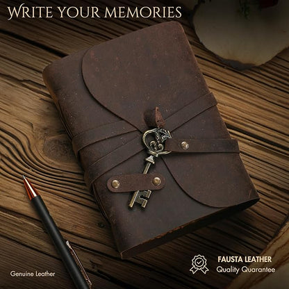 Fausta Vintage Handcrafted Leather Journal with Key for Writing, 240 Pages 8 x 6 inches, Deckled Cotton Paper Notebook/Diary for Men and Women 150 GSM Drawing/Sketchbook, Rustic Brown