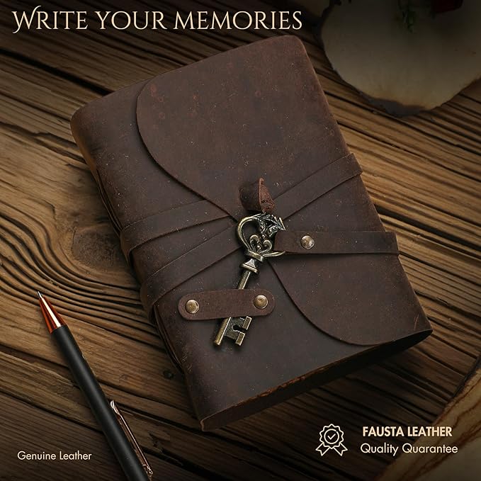 Fausta Vintage Handcrafted Leather Journal with Key for Writing, 240 Pages 7 x 5 inches, Deckled Cotton Paper Notebook/Diary for Men and Women 150 GSM Drawing/Sketchbook, Rustic Brown