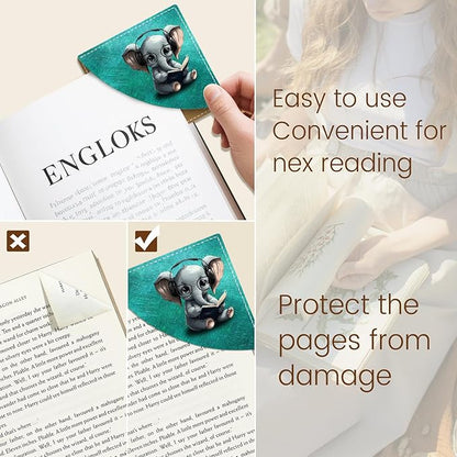 Cute Elephant Corner Bookmarks, Funny Leather Book Accessories for Book Lovers, 3 Pcs Reading Book Page Markers for Women Men Student Teacher Girls Boys Kids Retirement Birthday Gifts