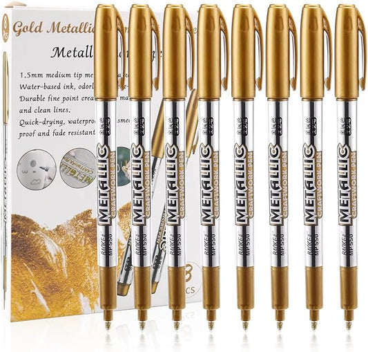 MYARTOOL Metallic Marker Pens, Gold Metallic Permanent Markers for Artist Illustration, Crafts, Gift Card Making, Scrapbooking, Fabric, DIY Photo Album, Value Set of 8