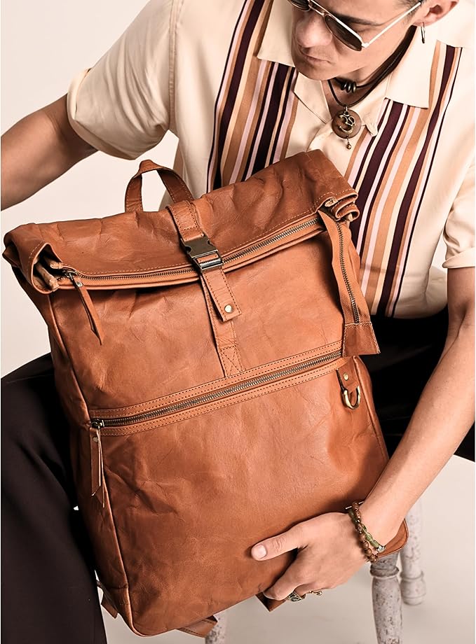 Genuine Leather Backpack for Men, Large Roll Top Backpack, Laptop Bookbag, Roll On Vintage Rucksack for College, Work & Travel, Brown, X-Large - 17.3 Inch