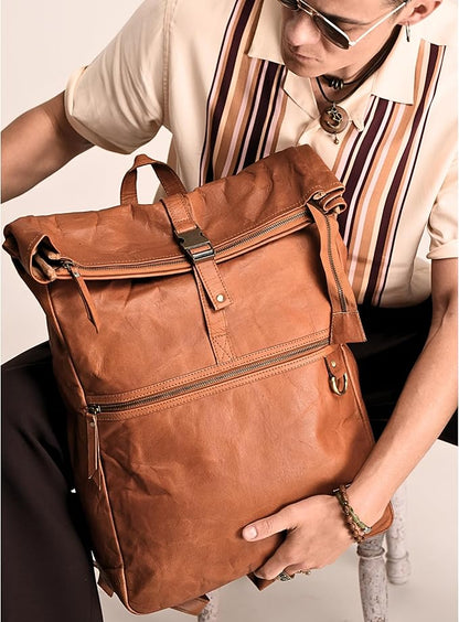 Genuine Leather Backpack for Men, Large Roll Top Backpack, Laptop Bookbag, Roll On Vintage Rucksack for College, Work & Travel, Brown, X-Large - 17.3 Inch