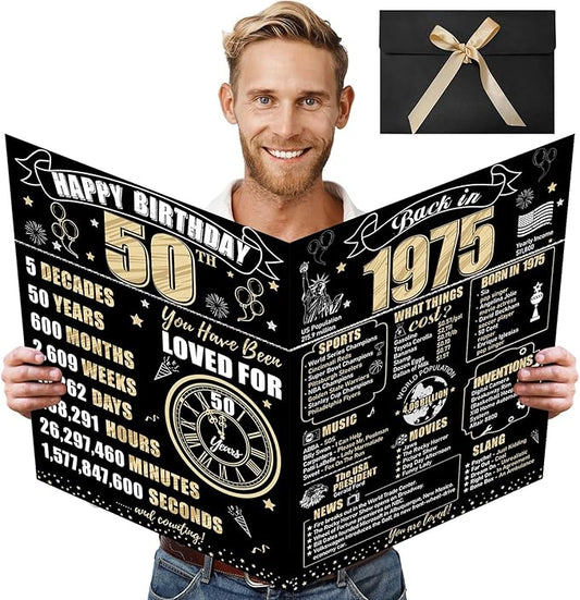 Large 50th Birthday Card With Envelope for Men Women, 1975 Black Gold Happy 50th Birthday Giant Guest Signature Book Gifts, Big Vintage 1975 50th Greeting Card Decoration Party Supplies