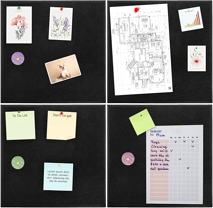 YOUEON 12 Pcs Black Felt Bulletin Board for Wall 12" x 12", Black Cork Board Alternative with Pushpins & Self Adhesive Stickers, Soundproof Wall Tiles, Pin Boards for Home Office School