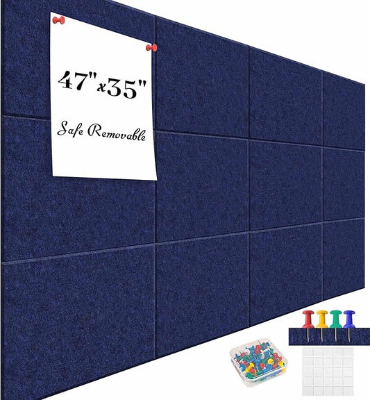 Large Cork Board for Office Dark Blue Felt Board Alternative-12 Pack Felt Wall Tiles for Office Wall Decor,Felt Bulletin Board Tiles,Push pin Board Wall Organizer for Office