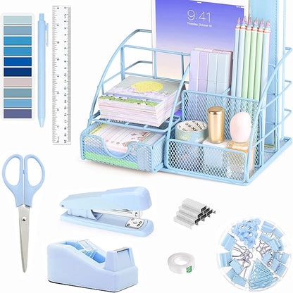 Blue Office Desk Accessories Supplies, 10pcs Desk Organizers and Accessories with Tape Dispenser and Stapler,Staples,Scissor,Ruler,Sticky Tabs,Tape,Ballpoint Pen,Clips Set
