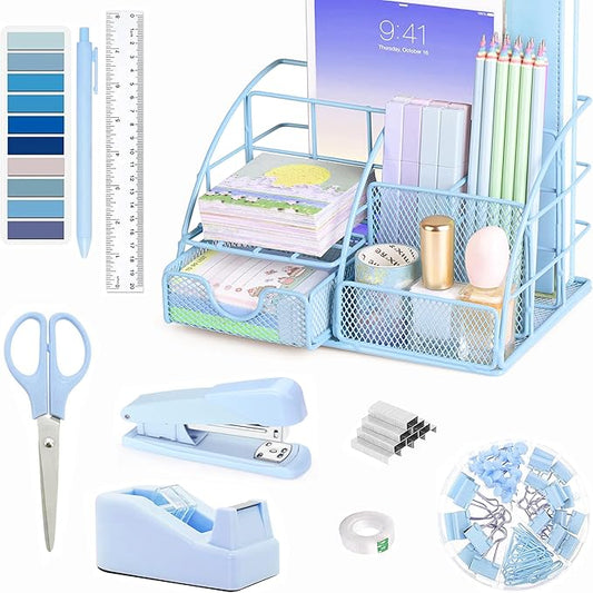 Blue Office Desk Accessories Supplies, 10pcs Desk Organizers and Accessories with Tape Dispenser and Stapler,Staples,Scissor,Ruler,Sticky Tabs,Tape,Ballpoint Pen,Clips Set