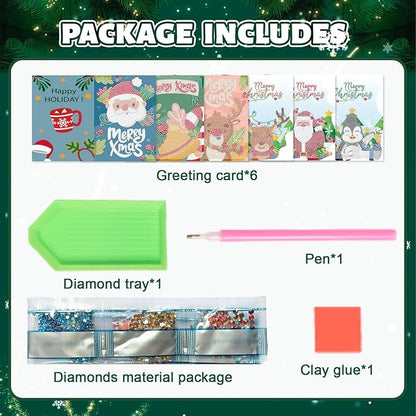 6 Pack 5D Diamond Art Painting Christmas Greeting Card Kits Paint with Diamonds Christmas Greeting Cards with Envelope Christmas DIY Crafts for Holiday, Friends and Family Creative Gift